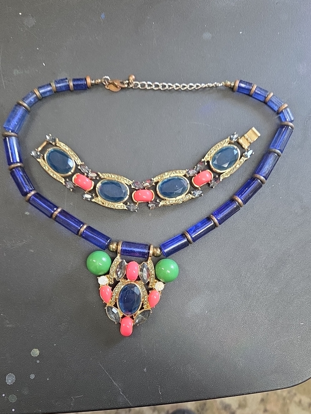 Colorful Gemstone Pendant Necklace with Blue, Green & Pink Accents